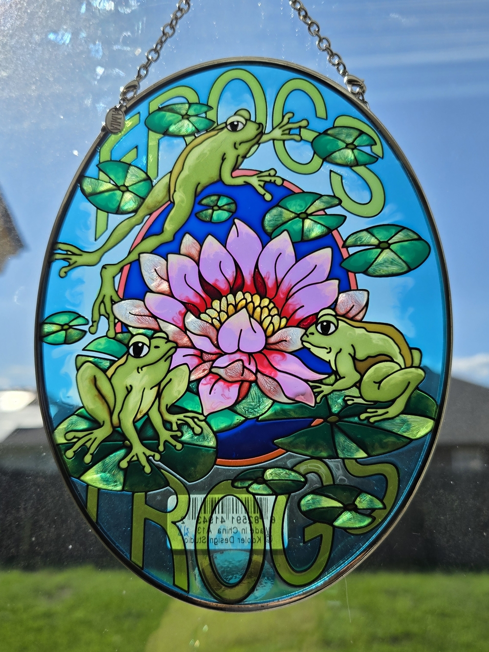 AMIA Hand Painted Glass Suncatcher - Frogs & Water Lily - Oval 5" x 7"